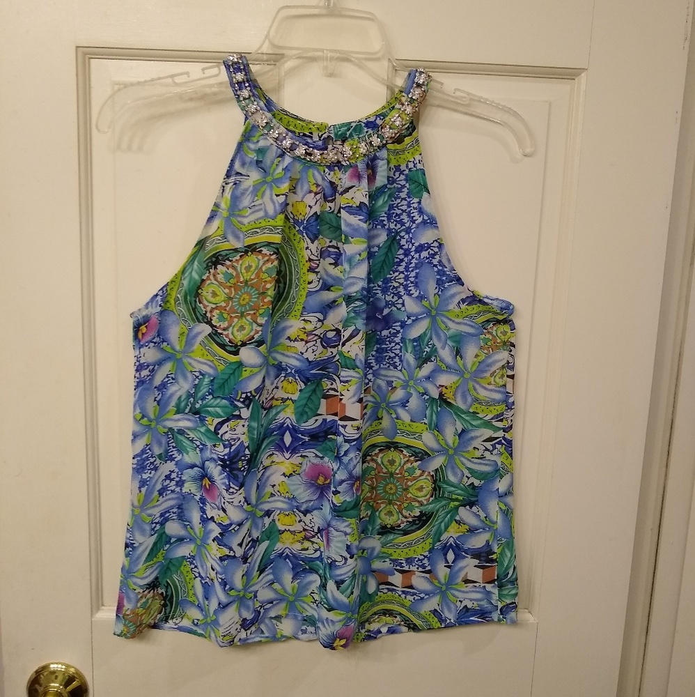 Rhinestone-collared crepe dress tank/cami (S)